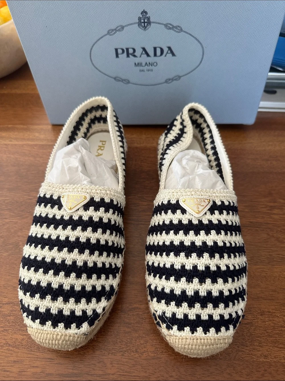 Prada Logo Triangle Blue & White Crochet Espadrilles Calzature Donna NWT